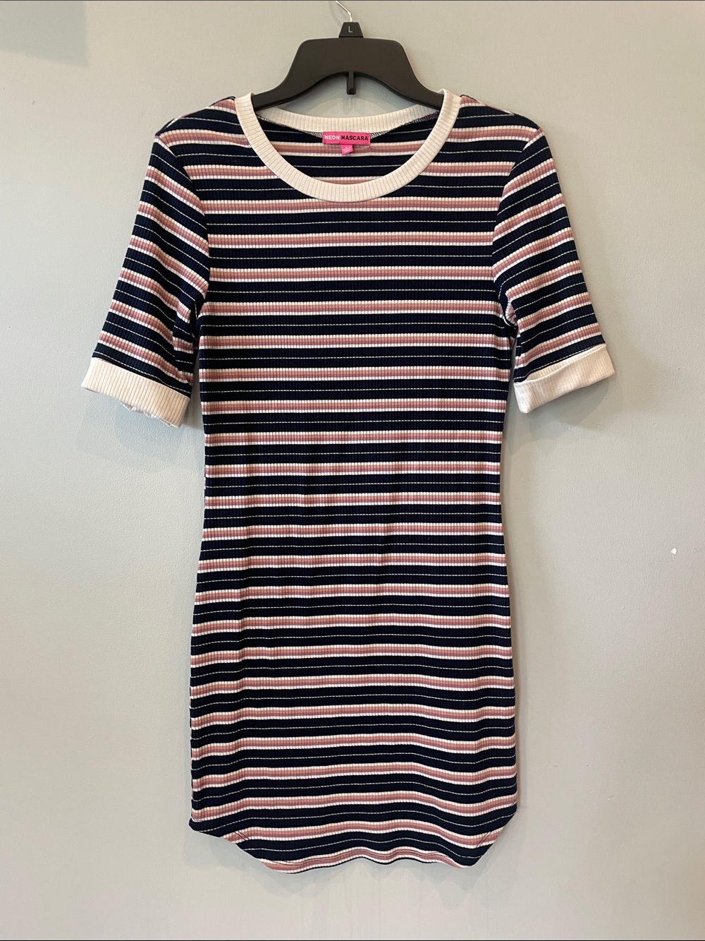 Striped Rib-Knit Short Sleeve t-shirt  Dress in Navy and Pink